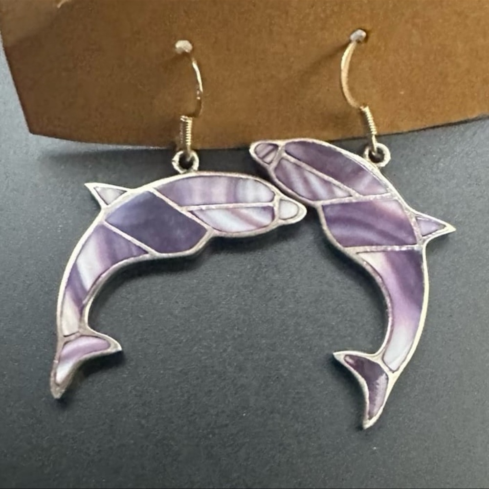 Purple Dolphin Stained-Glass Style Drop Earrings - Women Jewelry Earrings